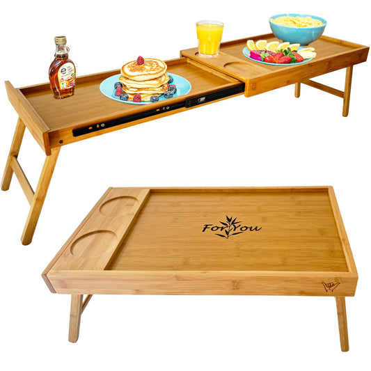 Shaka4Tommy Breakfast Bed Table Tray for Two - One Piece, Dual Use Couple Bed Tray with Cup recesses - Food Trays for Eating on Couch, Space Saving Breakfast Table - Gift Ready - Bamboo Wood