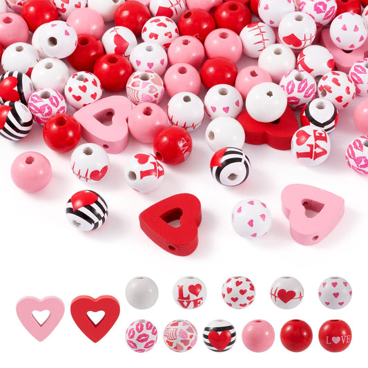 Beadthoven 180pcs Heart Wooden Beads 16 mm Round Wooden Craft Beads DIY Valentine’s Day Beads Natural Loose Spacers Handmade Red Pink Tassel Garland Beads for DIY Crafts Party Jewelry Making Supplies