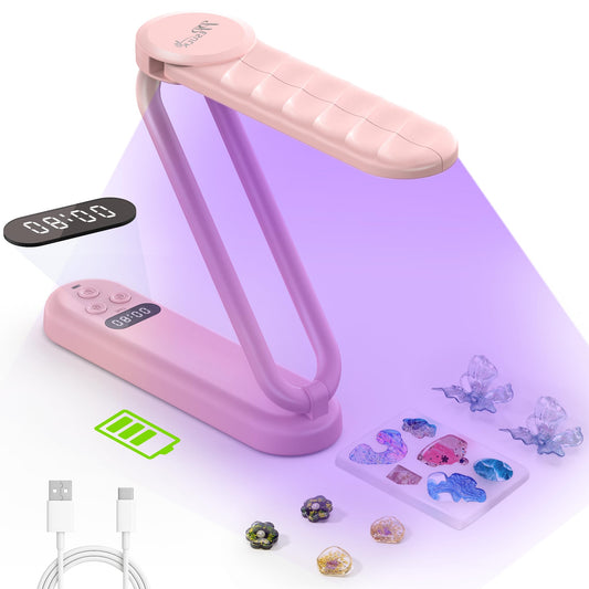 PPESULK 34 LEDs Cordless UV Light for Resin, Fast Curing Foldable UV Resin Lamp with LCD Timer Display, Rechargeable 3000mAh UV Lamp for Jewelry Making, Resin Molds & DIY Resin Crafts (Pink)