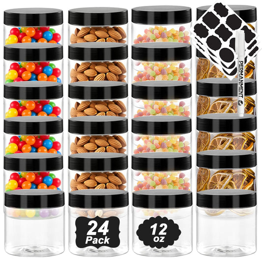 WYIPOLZI 12oz Plastic Jars with Lids, 24 Pack Clear PET Jars Containers with Black Lids, Leakproof Round Plastic Storage Jar with Pen & Labels for Dry Food Storage, Candy, Crafts