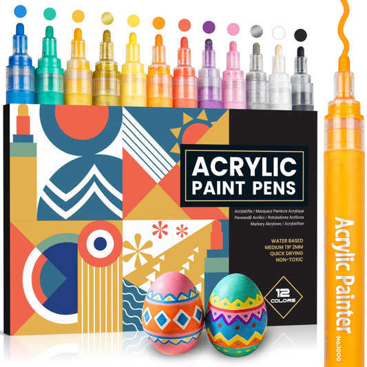 JR.WHITE Acrylic Paint Markers for Rock Painting, 12 Colors Waterproof Paint Pens for Stone, Plastic, Canvas, Wood, Glass, Fabric, Paper, Pumpkin, Art Projects, DIY Crafts, 2-3mm Medium Tip