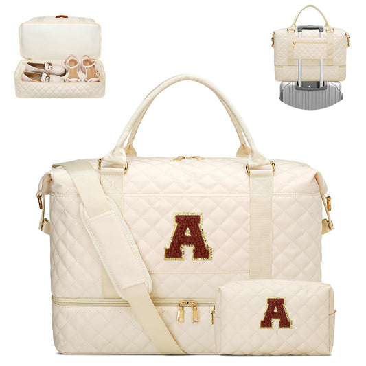 Gifts for Women Initial Travel Duffle Bag Quilted Weekender Bags Carry-On Overnight with Cosmetic Bag, Gym Bag with Shoe Compartment Hospital Bag for Women Labor Delivery, Beige-A