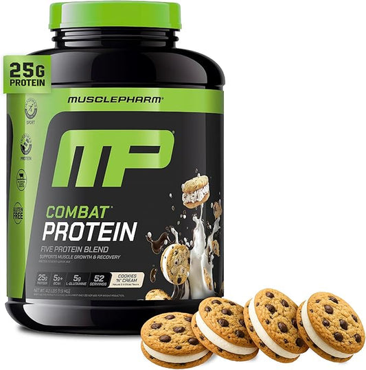 MusclePharm Combat Protein Powder, Cookies ?˜N??Cream Flavor, Fuels Muscles for Productive Workouts, 5 Protein Sources including Whey Protein Isolate & Egg Albumin, Gluten Free, 4 lb, 52 Servings