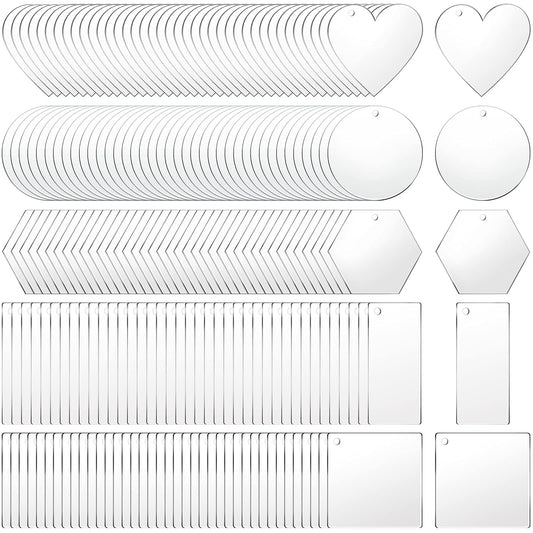 PINKXHY 200 Pieces Acrylic Keychain Blanks Transparent Pendants in Circle Heart Square Rectangle Hexagon Shapes for DIY Crafts Projects
