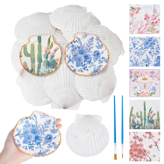NBEADS Scallop Shells for Crafts, 15 Pcs Natural Shells 40 Pcs 8 Styles Decoupage Paper Napkins 4 Pcs Plastic Paint Strips and Brushes Decorative Paper for DIY Crafting Birthday Party
