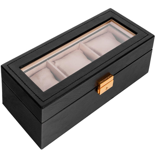 Time Resistance Leather Watch Box – 3-Slot Luxury Organizer for Men & Women – Italian Leather Watch Display Case (Black)