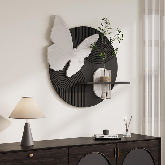 3D Black and White Butterfly Wall Art Decor for Living Room, Modern Minimalist Textured Artwork for Walls with Vase, Geometric Round Sandstone Wall Decor for Dining Room Hallway Bedroom Office