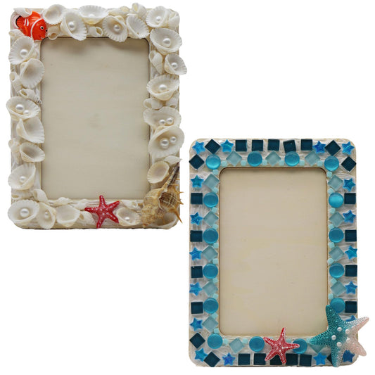 Fenzonmic DIY Wooden Photo Frame Kit 2-Pack, Includes Cream Glue Gun & Resin Decor (Shells, Pearls, Sea-Themed) for 4x6 Inch (10x15cm) Pictures, Creative Craft Gift for Friends and Family