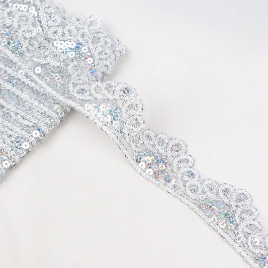 Silvery Lace Trim 5 Yards Beaded Lace Ribbon Applique Sequin Lace Mesh Trim for Sewing Crafts 1.6inch