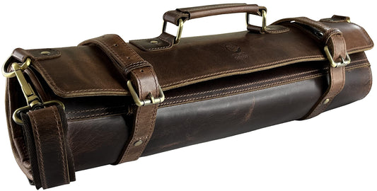 RUSTIC TOWN Leather Knife Roll Storage Bag | Elastic and Expandable 11 Pockets with Tool Pouch | Adjustable/Detachable Shoulder Strap | Travel-Friendly Chef Knife Case Roll (Walnut Brown)
