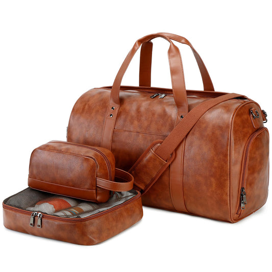 Wogarl 3PCS Faux Leather Weekender Bag for Women Men Large Overnight Travel Duffel Bags with Shoe Compartment Toiletry Packing Cube Carry On Duffle Fit 21" Laptop(Dark Brown)