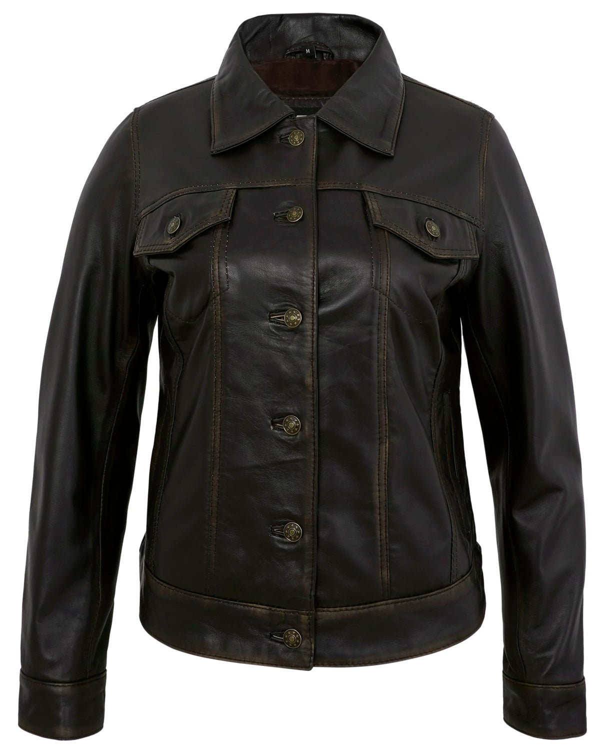 UrbanFocal Biker Style Womens Leather Jacket - Real Lamskin Brown Leather Motorcycle Jacket Women | [101013206] F.Trucker Ruboff, 2XL