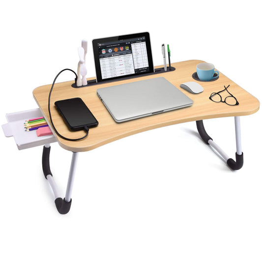 Slendor Lap Desk with Tablet Slot, Foldable Laptop Table with Storage Drawer for Bed，Portable Bed Desk for Laptop, Computer Tray with Cup Holder Notebook Stand Reading Holder for Couch Floor, Walnut
