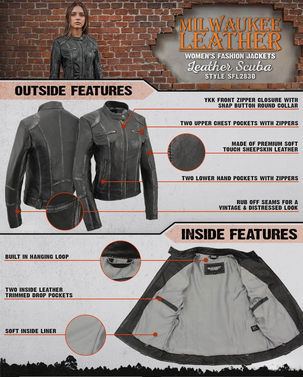 Milwaukee Leather SFL2830 Women's Black Sheepskin Scuba Style Fashion Leather Jacket - Large