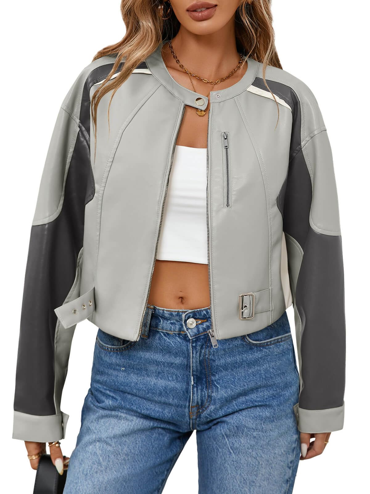 Tankaneo Womens Faux Leather Bomber Jackets Cropped Zip Up Color Block Fall Casual Moto Biker Coats