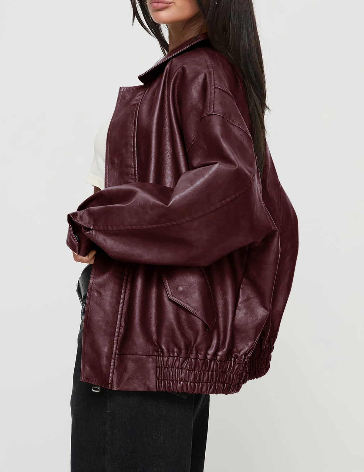 PRETTYGARDEN Women's Faux Leather Motorcycle Jacket Trendy Fall Spring Clothes Oversized Zip Up Winter Coat Outerwear (Wine Red,Medium)