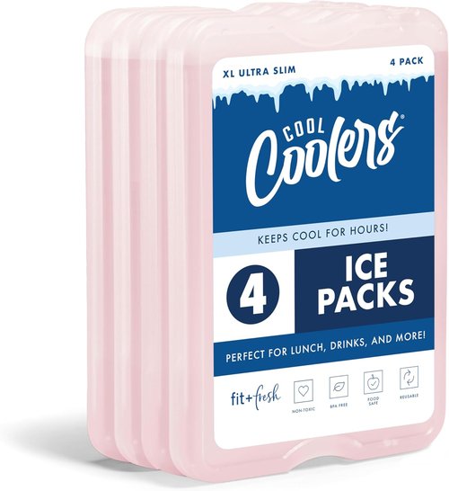 Cool Coolers by Fit & Fresh XL Slim Ice Packs - Quick Freeze Reusable Lunch Box Coolers, Light Pink, 4-Pack