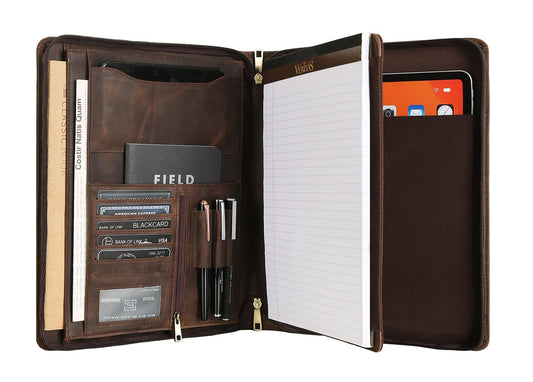 Handmade Genuine Leather Portfolio Organizer for IPad/Document, Business Padfolio with A4 Leather Notepad Holder, Leather Compact Folder Conference Portfolio for Men and Women, Dark Khaki