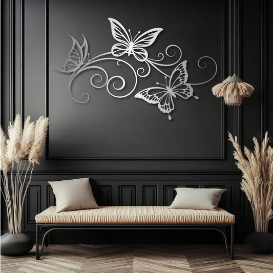 sawjug Metal Butterfly Wall Decor, Metal Butterfly Wall Art, Elegant Butterflies Wall Decor for Living Room, Bedroom, Dining Room (Silver,30" W x 19" H / 76 x 47 cm)
