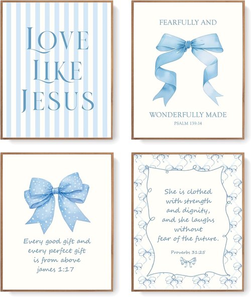 LARTSFRO Coquette Blue Bow Wall Art Decor - Inspirational Christian Posters for Teen Girls | 10x8 Inch Set of 4 Unframed