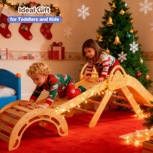 Pikler Triangle Set for Kids, 10 in 1 Toddler Climbing Toys Indoor, Foldable Wooden Montessori Climbing Set, Indoor Playground Baby Jungle Gyms for Kids 1-3 with Arch, Ramp, Ladder and Roller Slide