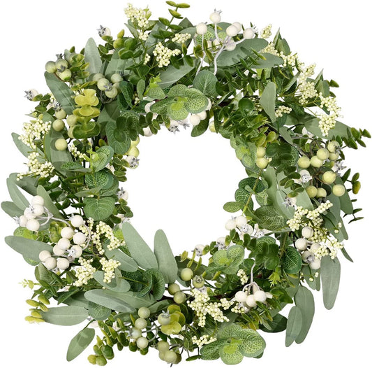 Vlorart Artificial Spring Summer Christmas Greenery Wreaths for Front Door Green Eucalyptus Leaf Wreath Decor Boxwood with Big Berries for Farmhouse Outside Year Round
