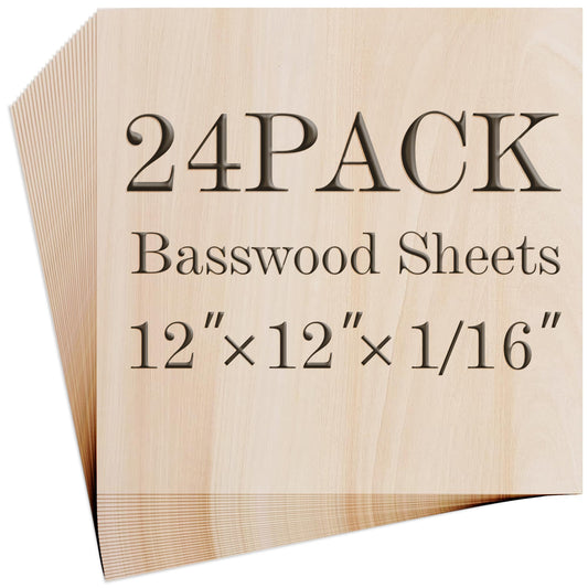 Balsa Wood Sheet, 24 Pack Plywood Sheets, Basswood Sheets 12X12X1/16 Inch, Unfinished Wood Boards Blanks for Laser Cutting, Engraving, Burning, Crafts((H305/17-24)
