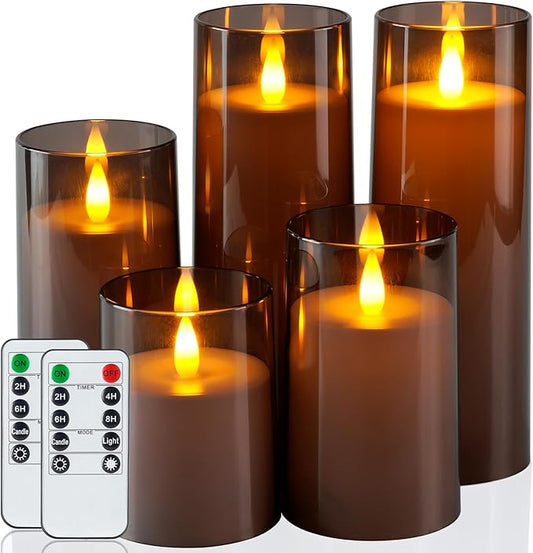 Homemory Realistic Flickering Flameless Candles, Battery Operated Candles, LED Fake Electric Candle with Remote Control and Timer for Home, Christmas Decoration, Grey, Set of 5