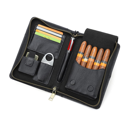 CONTACTS Full Grain Leather Cigar Case Travel Cigars Humidor Box Accessories Organizer with Cigar Cutter Lighter Pocket for 5 Pcs Cigars (Black)