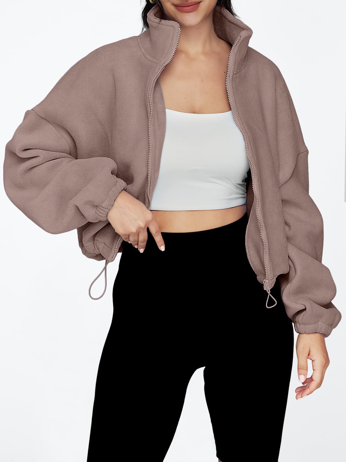 AUTOMET Womens Fleece Jackets Zip Up Oversized Cropped Sweatshirts