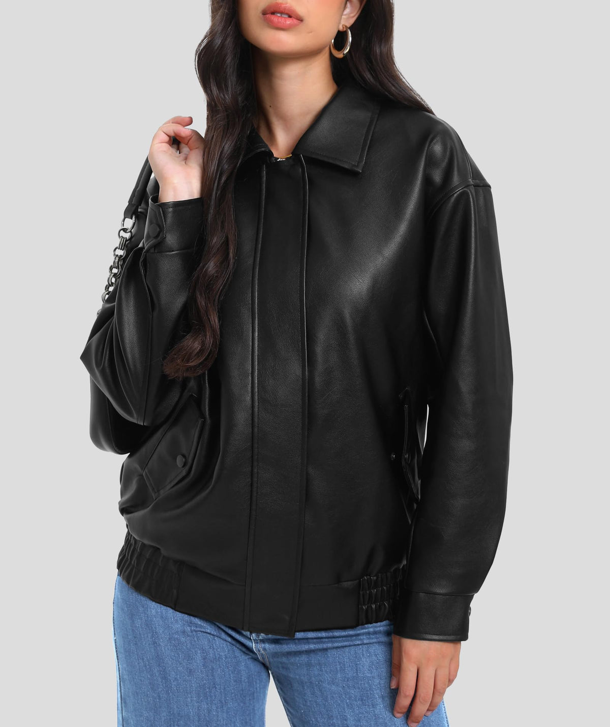 Casly Lamiit Womens Faux Leather Jacket Oversized Motorcycle Bomber Coat Winter Biker Black Jackets 2025 Trendy Street Clothes Black S