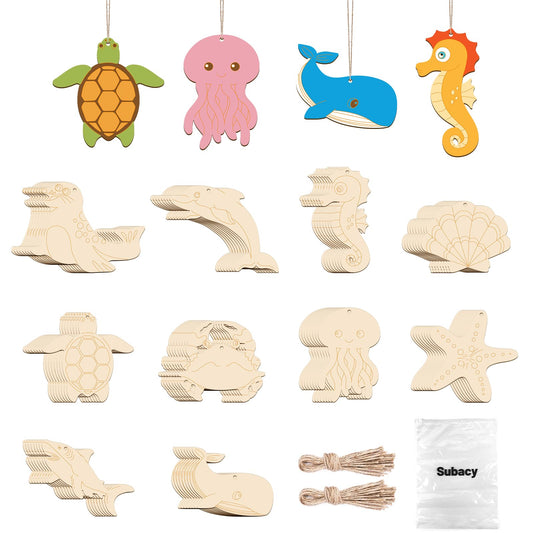 Subacy 80 PCS Unfinished Wood Cutouts 10 Styles DIY Wooden Ocean Ornaments, Wooden Art Craft Painting Kit for Kids, Birthday Easter Creativity Arts & Crafts, Sea Animal Shape
