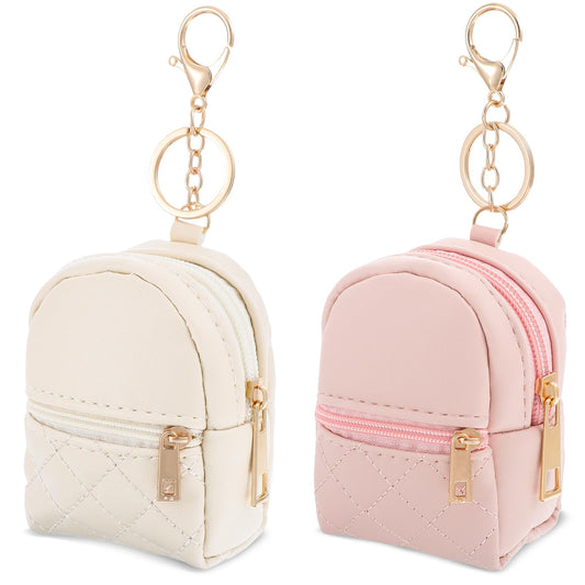 2Pcs Mini Backpack Cute Cosmetic Bag for Women Creative Pendant Keychain Key-chains Keyrings PU Leather Makeup Bag Key Pocket Lipstick Bag Card Holder Data Cable Organizer Zipper Pouch for Women Girl