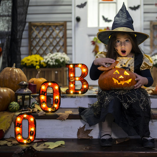 Boo Sign Light Up Halloween Mantel Decor - 8.5 Inch Boo LED Marquee Letters Halloween Decorations Indoor - Battery Operated Lights for Kitchen Table Bedroom Living Room Home Wall Party Decor