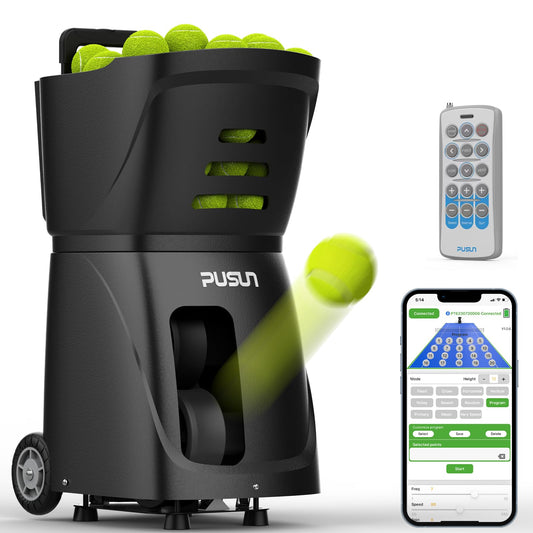 PUSUN PT-Smart Tennis Ball Machine with APP, Remote & for Apple Watch Control, 12 Training Modes, 20 Landing Points, 12–75 MPH Speed, 100+ Ball Capacity, Portable Tennis Ball Launcher