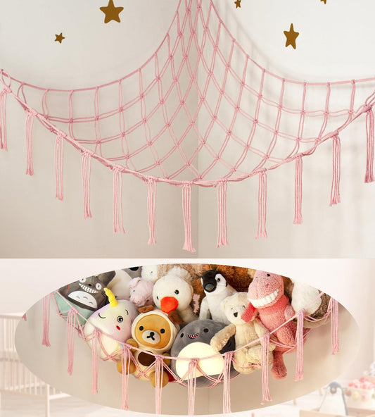 Skiennix Stuffed Animal Storage Hammock - Pink Corner Net Organizer for Teen Girls' Room Decor