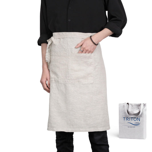 TRITON LINEN Pure Linen Apron - 25 x 35 Inch Bistro Half Apron with Large Pocket Unisex Waist Aprons Ideal for Kitchen Crafts and More (Natural Linen)