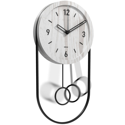 Driini Decorative Wall Clock with Pendulum (White) – Modern Wood, 3D Gold Numbers, Metal Frame – Small, Unique Wall Clocks for Living Room Decor or Bathroom - Battery Operated, Silent, Non-Ticking