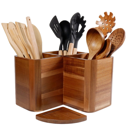 Liberal Brightdeer Large Kitchen Utensils Holder with 3 Compartments,Corner Utensil Caddy for Countertop,Acacia Wooden Utensil Organizer for Kitchen Countertop, Farmhouse Decor