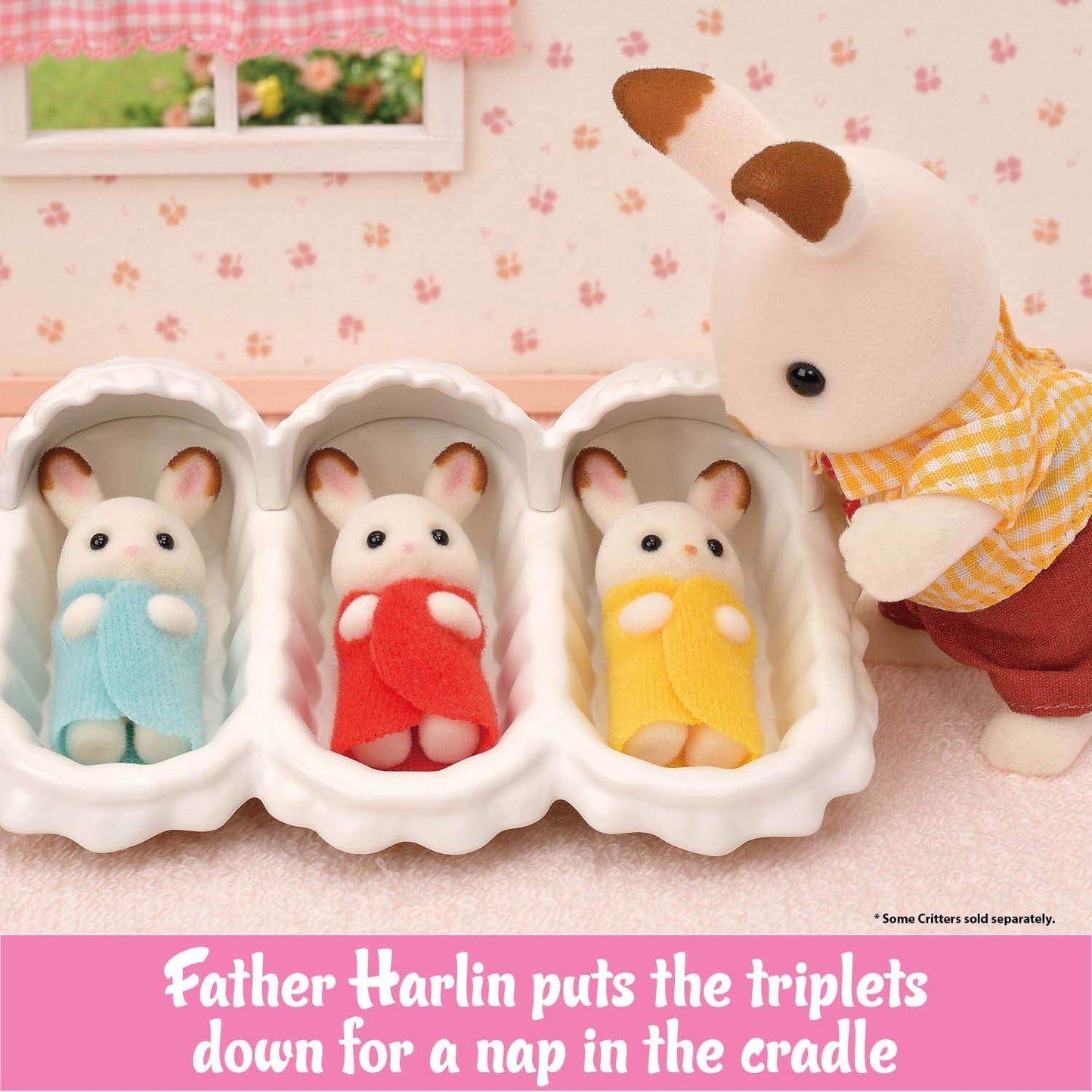 Calico Critters Triplets Care Set - Dollhouse Playset with 3 Hopscotch Rabbit Figures & Accessories Included
