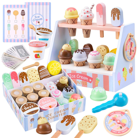 Ehome Wooden Ice Cream Toys Set Pretend Play Food Store for Kids Serve Ice Cream Counter Shop Kitchen Playset with Lucky Wheel, Scoop, Menu, Fake Money for Boys and Girls Ages 3 4 5 6 Birthday Gift
