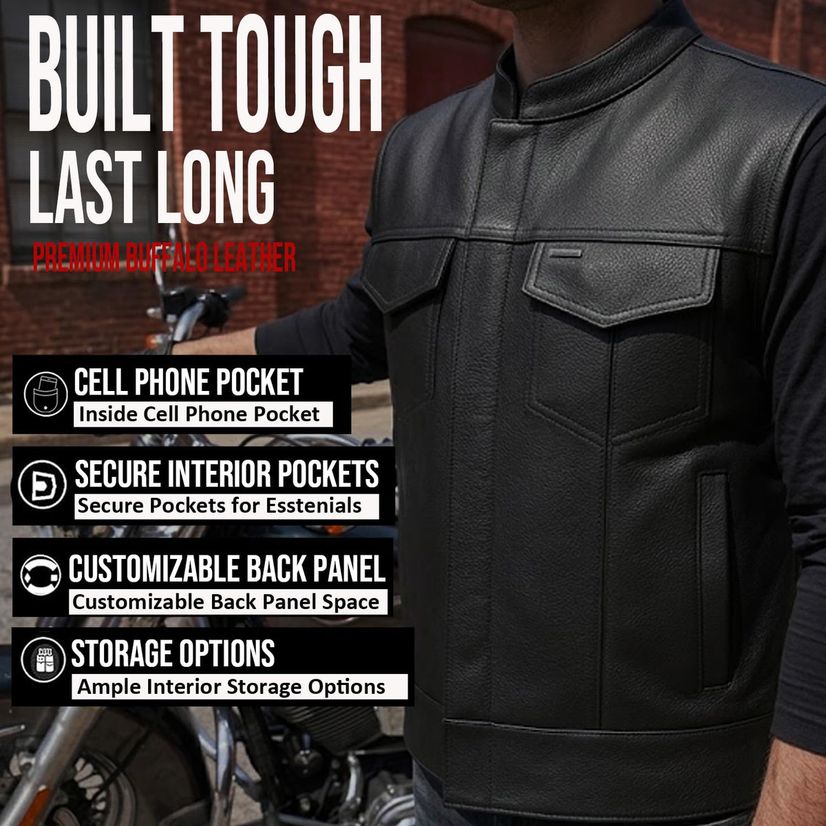 Jackets 4 Bikes Men’s SOA Motorcycle Vest – Premium Buffalo Leather Multiple Pockets Club Style Biker Vest with Metal Zippers Black XL