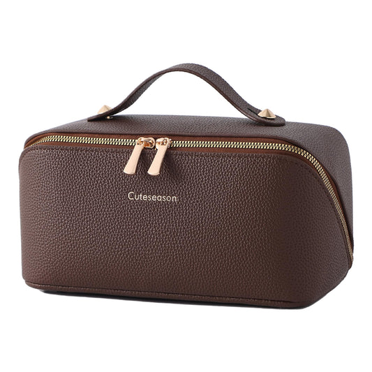 Cuteseason PU Leather Makeup Bag for Women, Structured Makeup Case with Wide Opening, Travel Cosmetic Bag with Compartments and Handle, Water-Resistant Makeup Organizer(Brown, Lychee Grain)