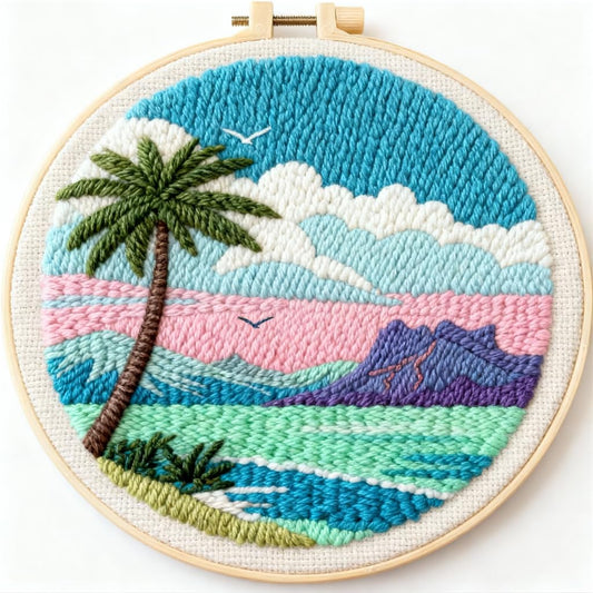 DIY Punch Needle Kits Palm Tree and Colorful Sea Beach Easy for Beginners Starter Set with Hoop Needlepoint Embroidery Craft Hobby and Home Decor 20x20cm