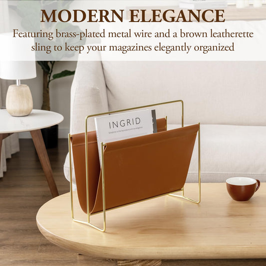 MyGift Magazine Holder Magazine Rack Floor 15-Inch Modern Brown Leatherette & Brass Plated Metal Floor Standing Faux Leather Sling Style Newspaper Rack for Home, Bathroom, Office Decor