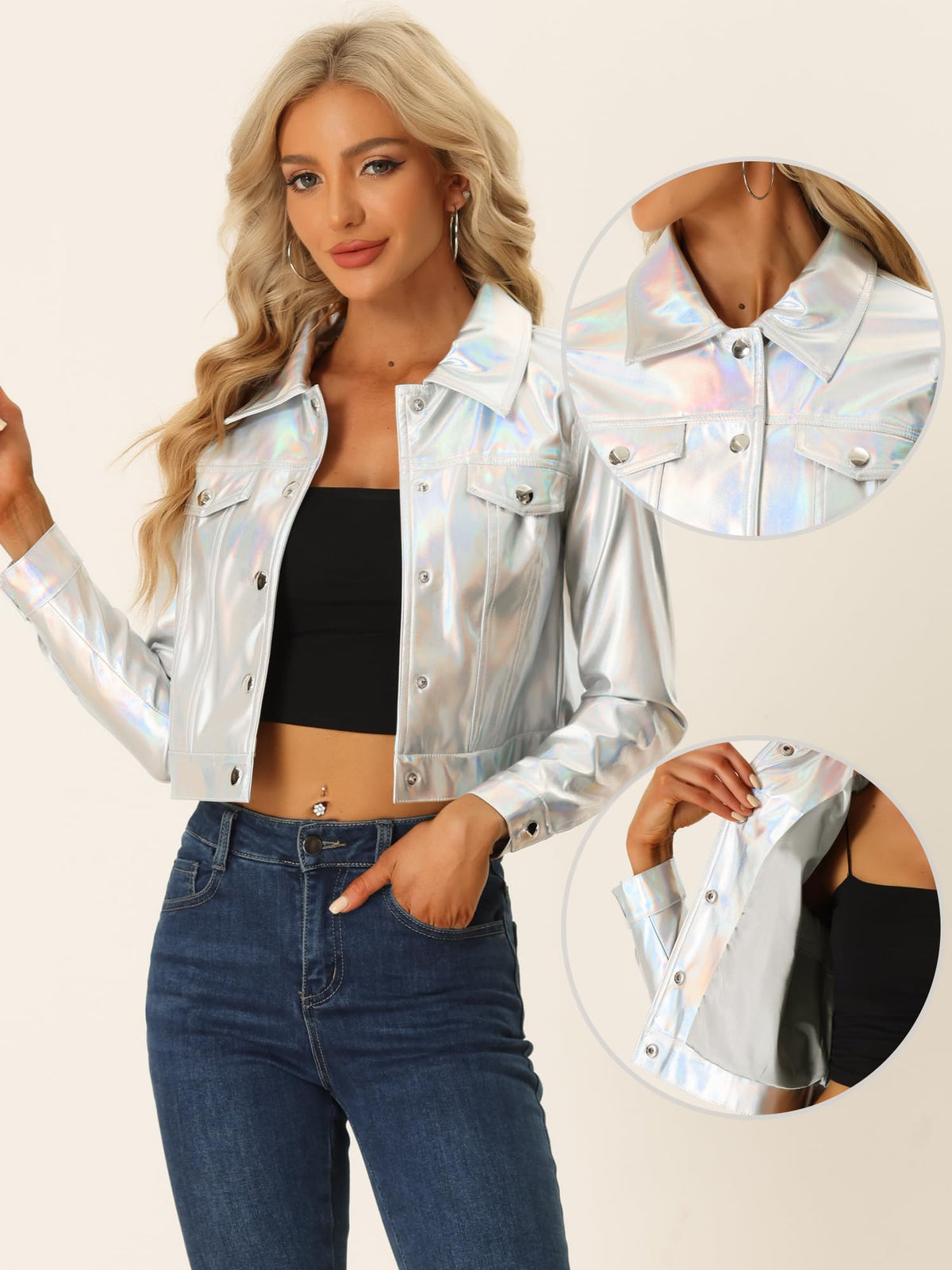 Allegra K Metallic Jacket for Women Moto Biker Jacket Holographic Shiny Crop Party Jackets Large Silver