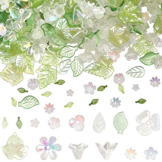 SUNNYCLUE 1 Box 460Pcs Transparent Acrylic Flower Beads Green Leaves Beads Kit Plastic Pink White Assorted Spring Cherries Blossom Caps Loose Spacer for Jewelry Making Necklace Charms Craft Supplies