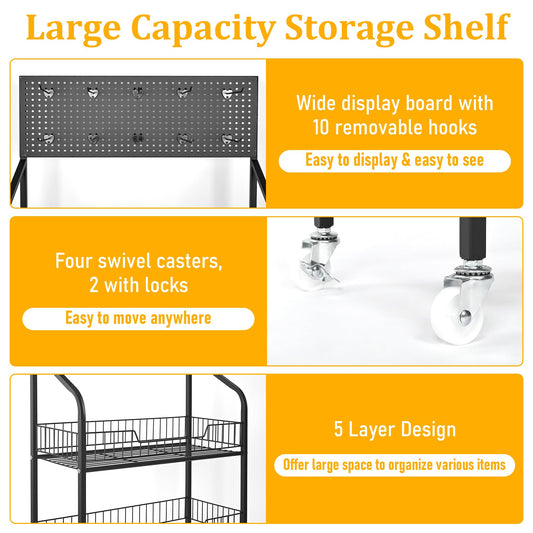Qriocioa Retail Snack Display Stand,5-Tier Black Metal Storage Shelf Brackets with Wheels & Hooks,Metal Storage Shelves Heavy Duty, Retail Display Shelves Racks,Snack Organizer Stand Display Supplies