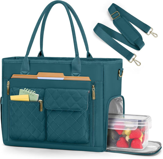 15.6 inch RAINSMORE Teacher Tote Bag with Insulated Lunch Compartment Laptop Bag for Women Lightweight Work Bags Nurse