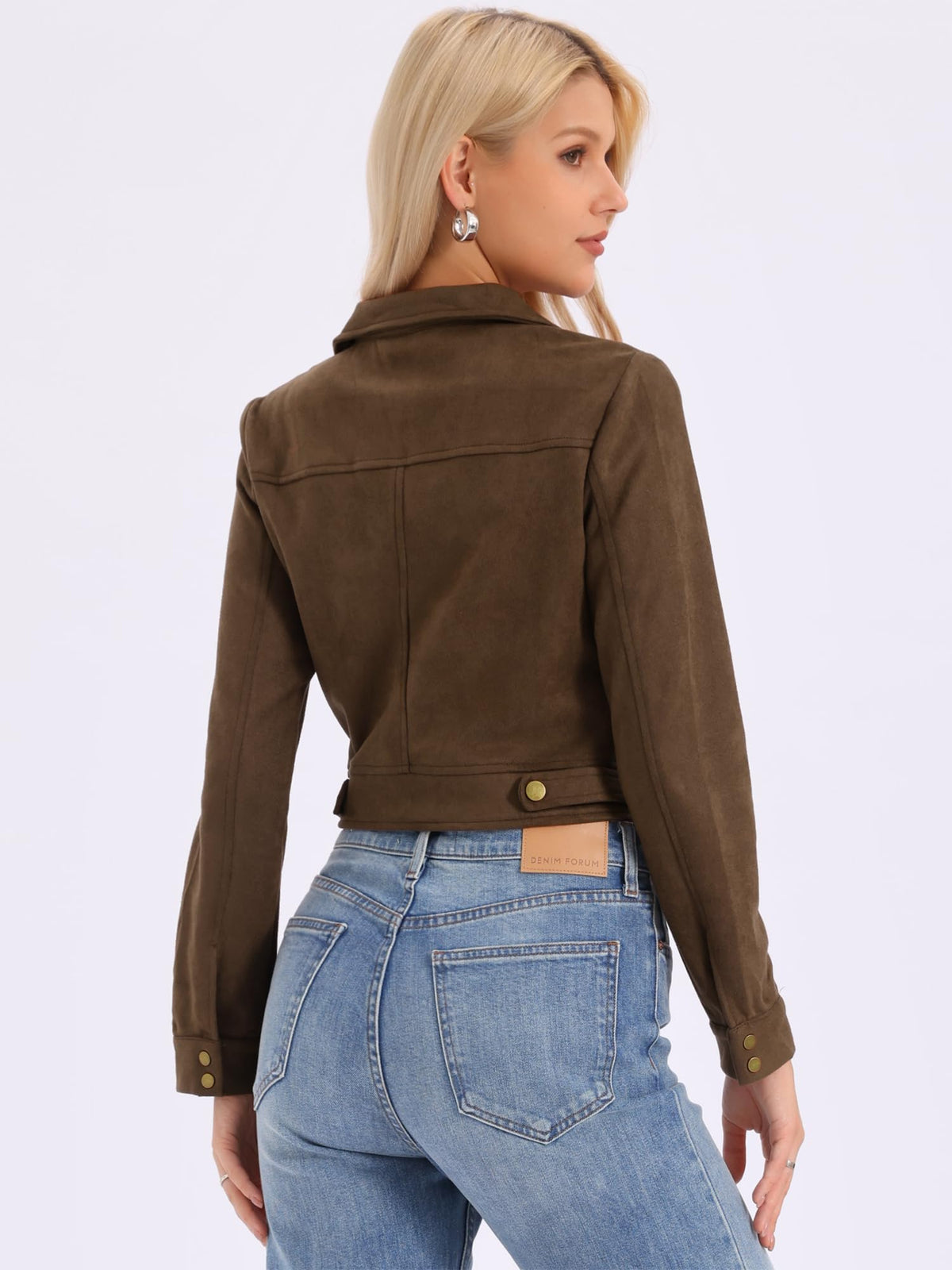 Allegra K Women's Casual Faux Suede Notched Collar Button Up Cropped Jacket with Pockets Small Coffee